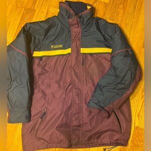 90s Vintage Columbia “Gizzmo” Maroon and Navy Jacket with Yellow Stripe